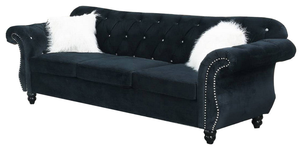 Benzara BM233088 93" Nailhead Trim Velvet Sofa With Crystal Tufting, Black