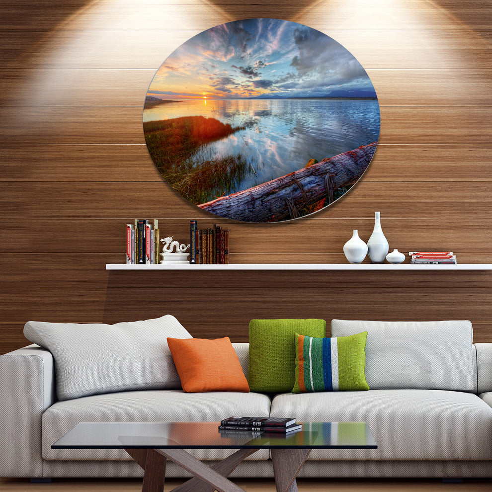 Colorful River Sunset With Log, Seashore Art Round Wall Art, 23"
