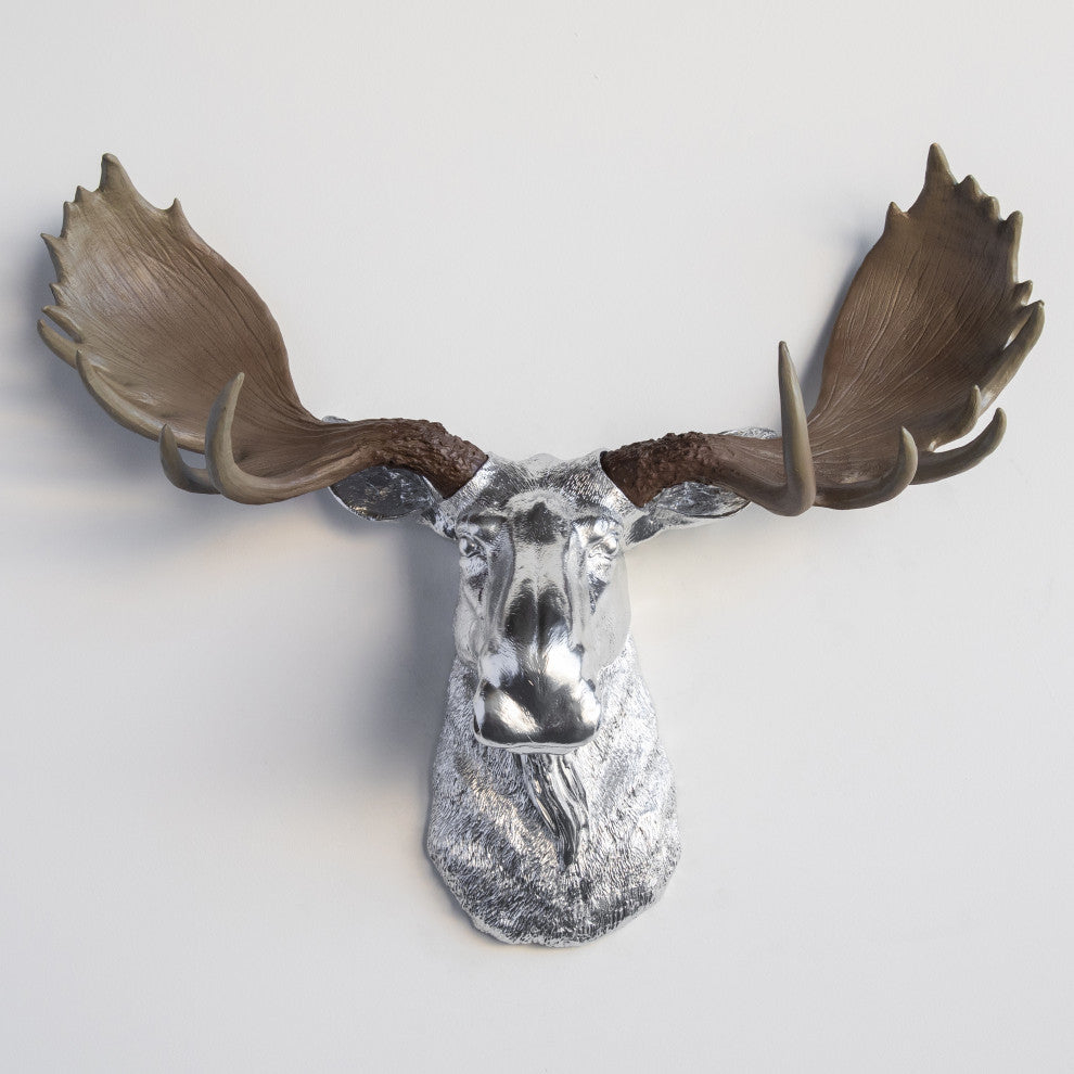 Faux Taxidermy Moose Head Wall Mount, Silver and Natural