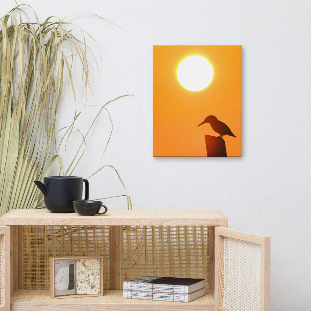Kingfisher Bird Silhouette Sunset Animal Wildlife Photo Canvas Wall Art Prints, 16" X 20"