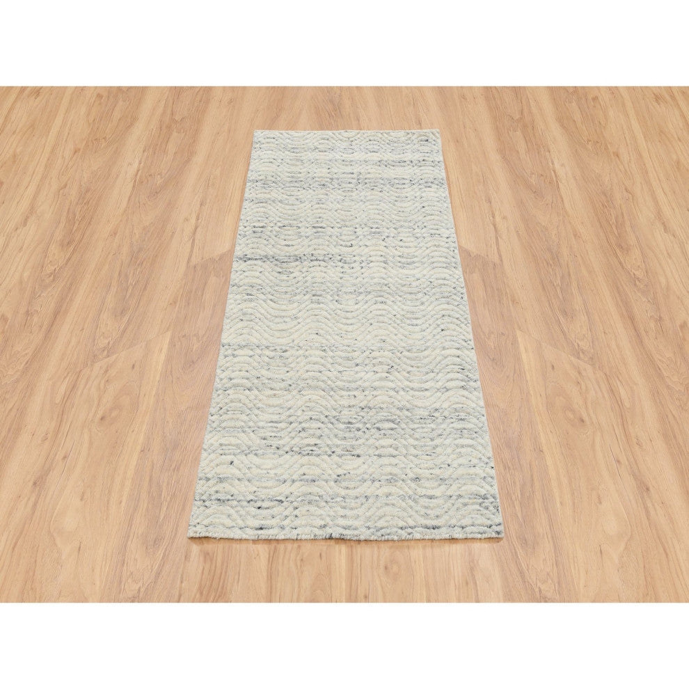 Beige Hand Loomed Variegated Textured Modern Design Wool Runner Rug, 2'6"x6'0"