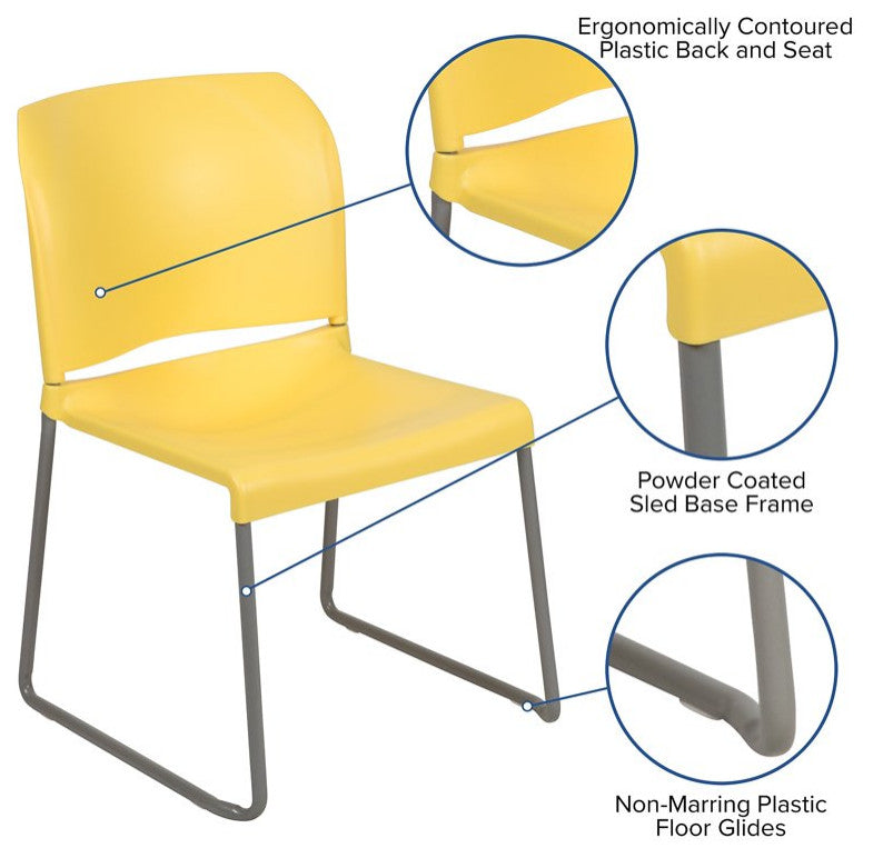 Set of 5 Multifunctional Stackable Chair, Plastic Seat With Sled Base, Yellow