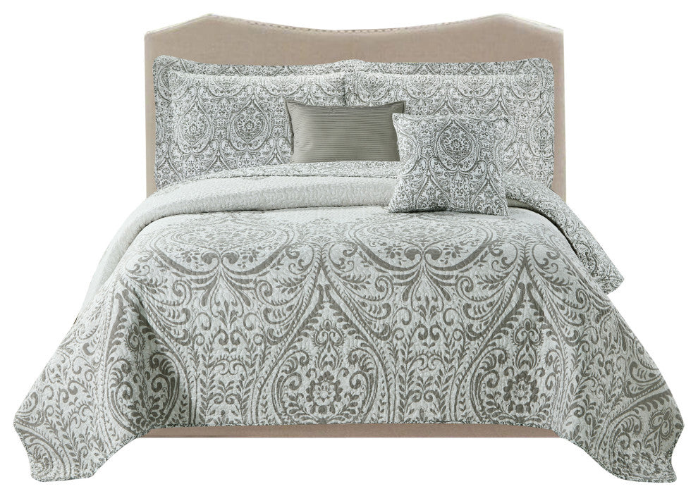 Visionary 5 Piece Quilt Bed Spread Sets, Gray, King, 102"x90"
