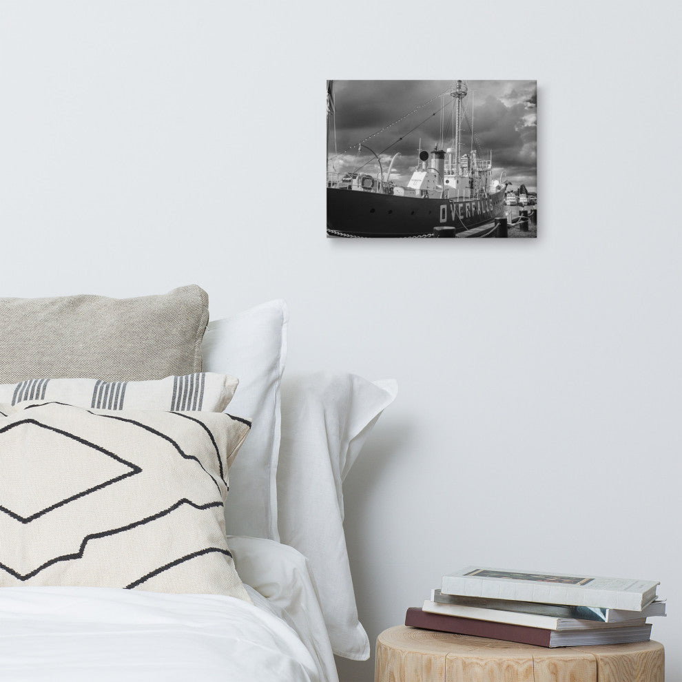 Overfalls Lightship Black & White Photo Canvas Wall Art Print, 12" X 16"