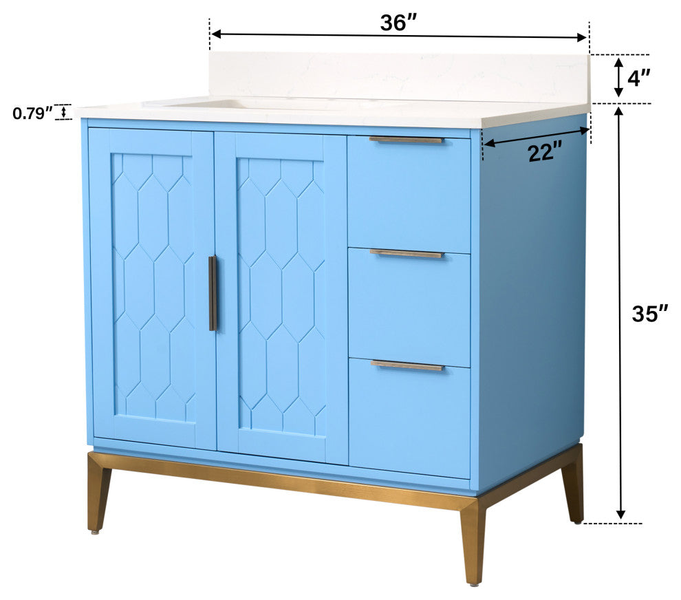 Alison Freestanding Bathroom Vanity with Italian Carrara White Marble Top, Light Blue, 36"