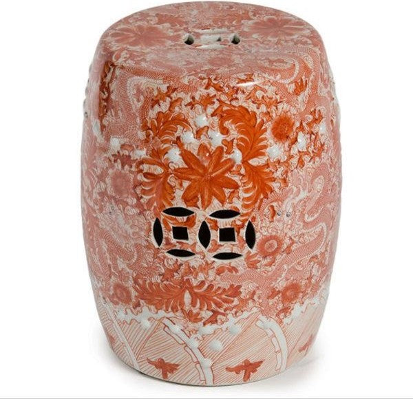 Orange and White Dragon Theme Porcelain Garden Stool, 17"
