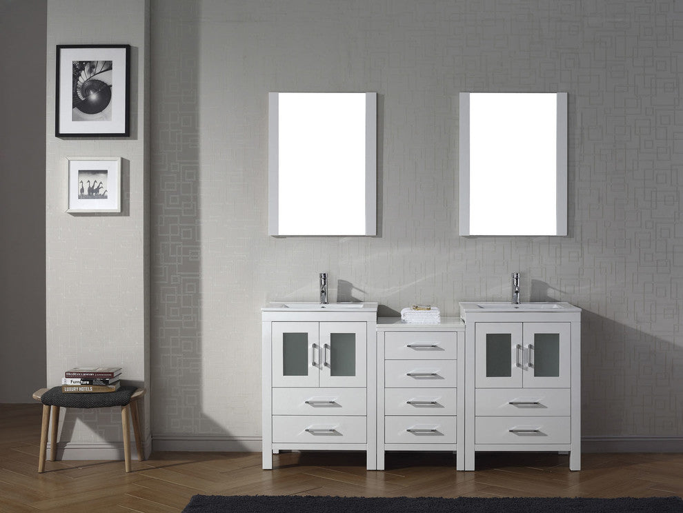 Virtu Dior 66" Double Bathroom Vanity, White, Polished Chrome Faucet, Mirrors