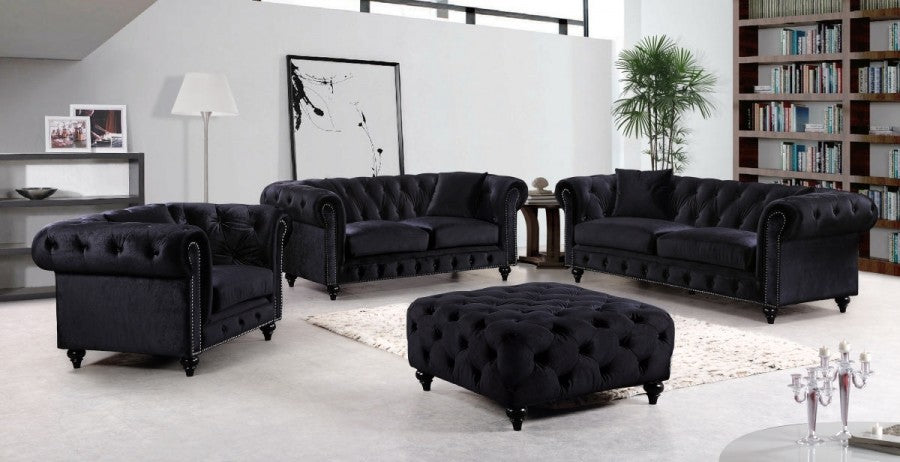 Chesterfield Velvet Upholstered Ottoman, Black