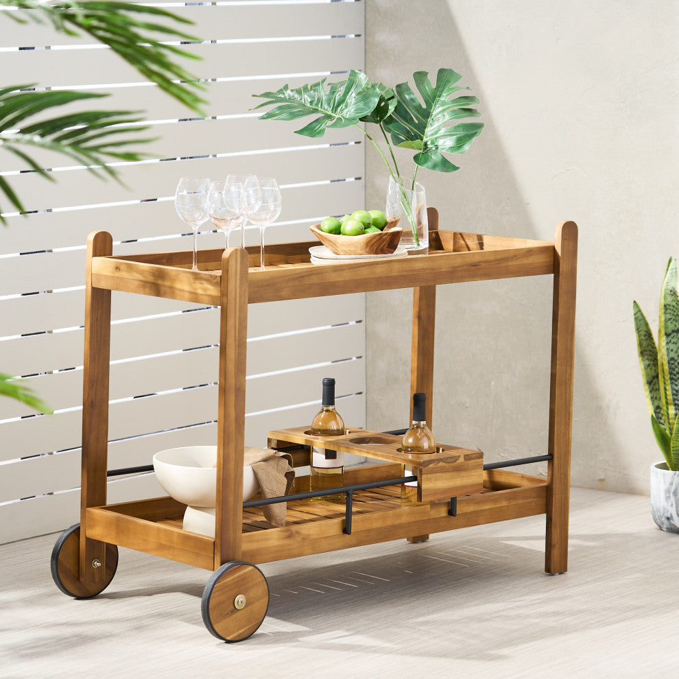 Bonneau Outdoor Acacia Wood 2 Tiered Bar Cart With Bottle Holders