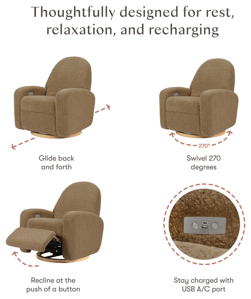 Nami Electronic Recliner and Swivel Glider Recliner, Boucle With USB port, Cortado Shearling With Light Wood Base