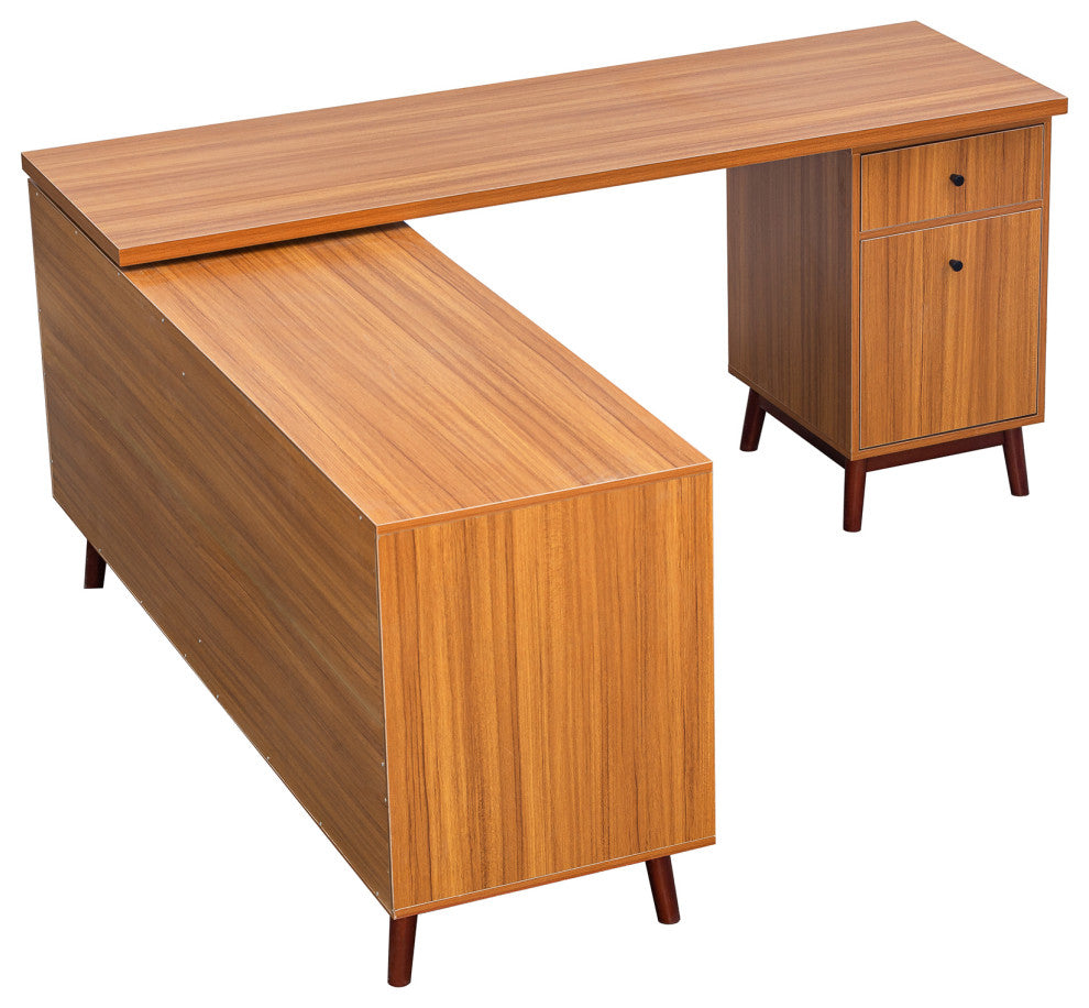 Modern L-shaped Executive Desk, Delicate Tempered Glass Cabinet Storage, Teak