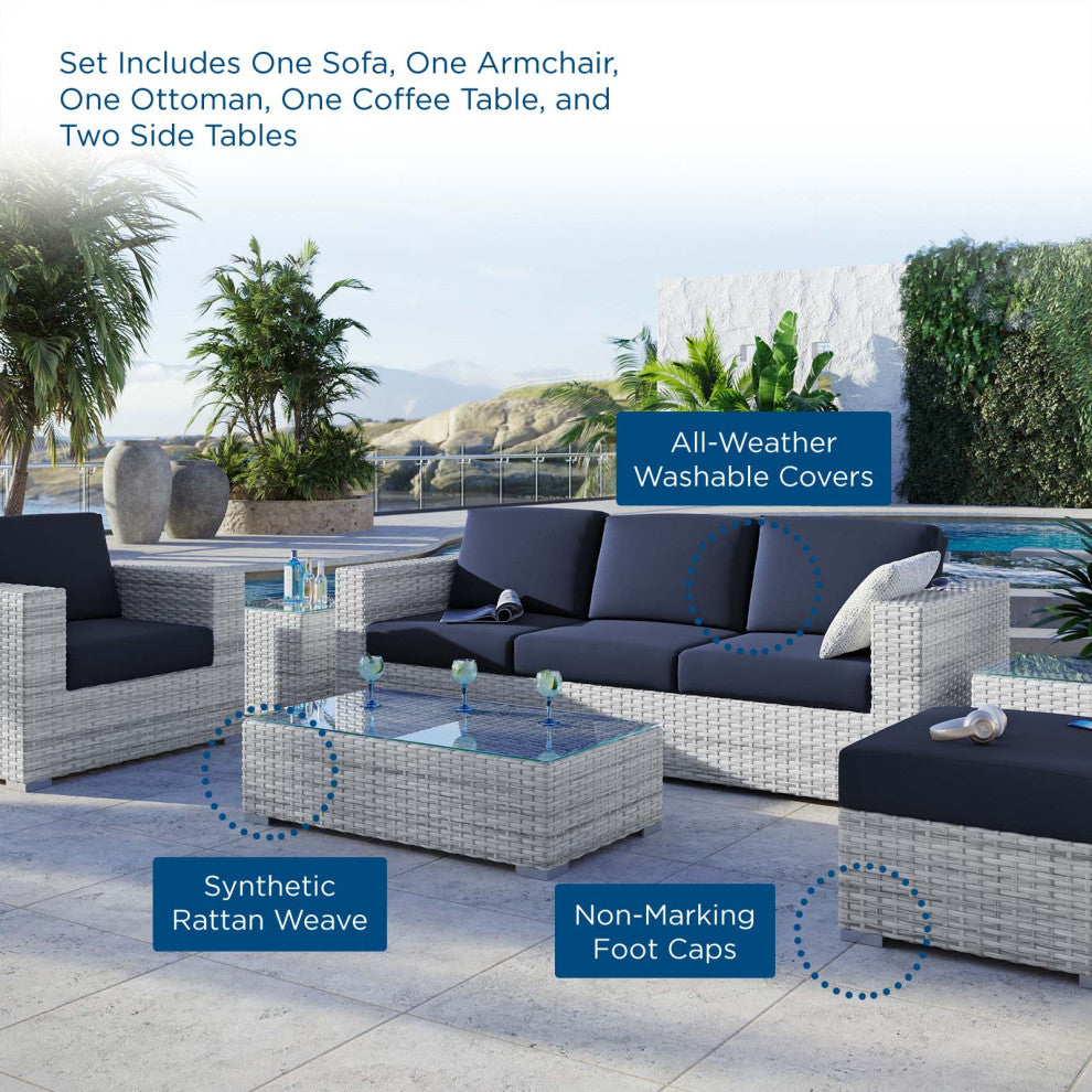 Lounge Sectional Sofa Chair Set, Rattan, Wicker, Gray Blue Navy, Outdoor