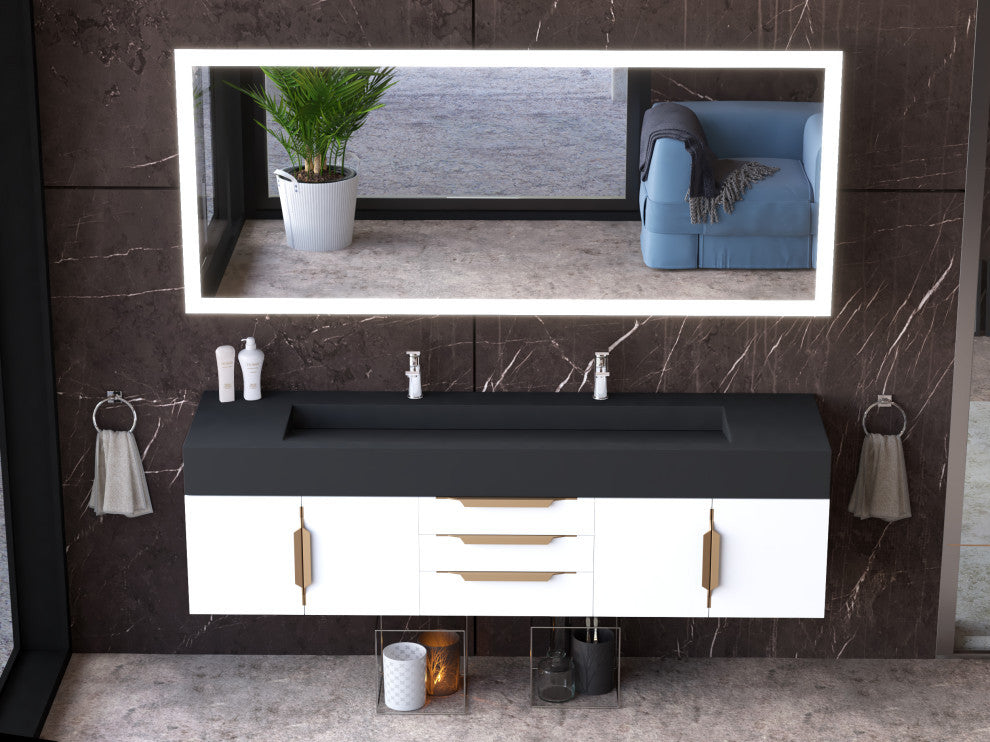 CastelloUSA Nile 72" Wall Mounted Bathroom Vanity Set, White, Black Top, Gold Handles