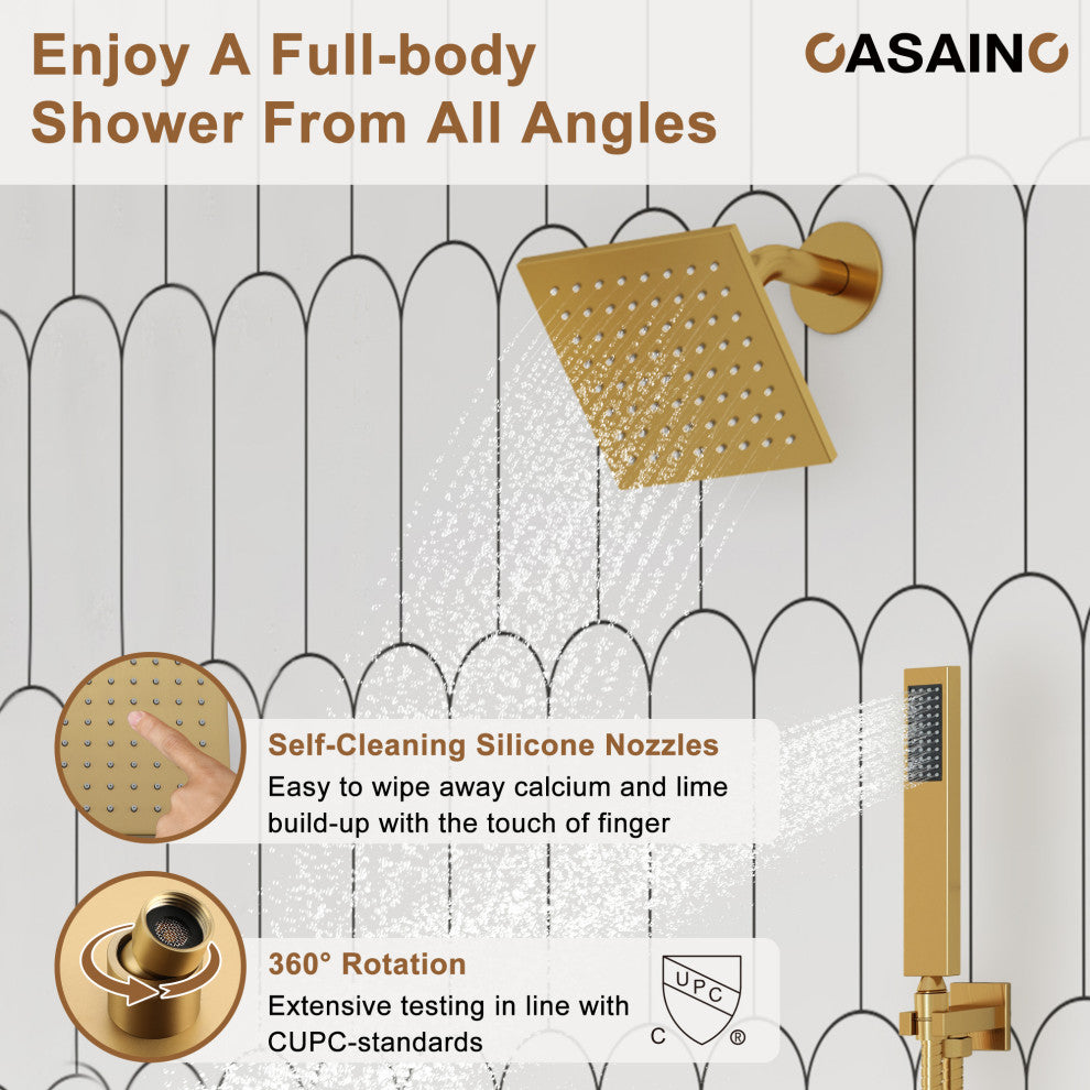 12inch Luxury Shower Dual Shower Head System With LED Light and Bluetooth, Brushed Gold
