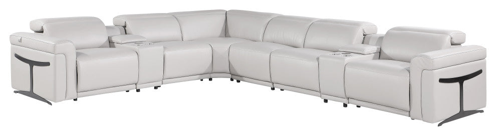 Giovanni 8-Piece 3-Power Reclining Italian Leather Sectional, Light Gray