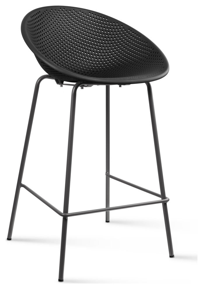 Modern Counter Stool with Perforated Low Back and Metal Frame, 25.5" Barstool, Black