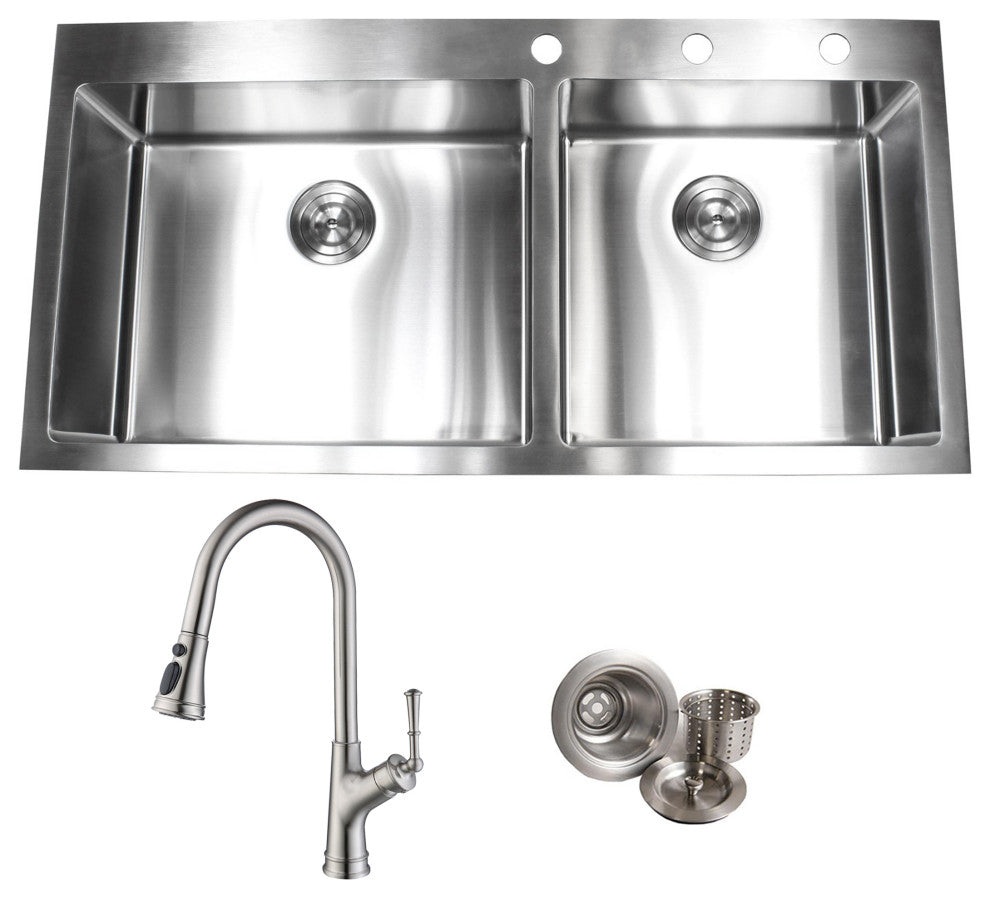 42-7/8" Topmount 16 Gauge Double Bowl, Sink With Faucet and Strainer