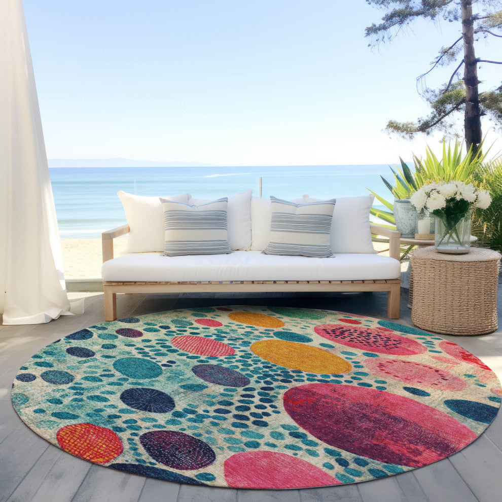 Machine Washable Indoor/Outdoor Chantille ACN1895 Teal 8' x 8' Round Rug