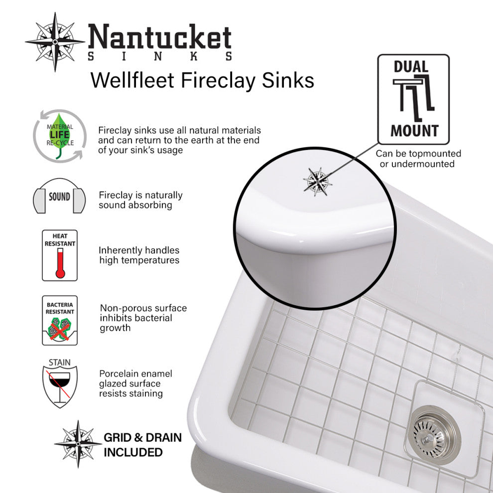 Nantucket Sinks Dualmount Fireclay Kitchen Sink Wellfleet, 32"
