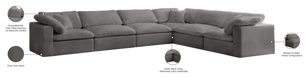 Cozy Velvet Upholstered Comfort L-Shaped Modular Sectional, Grey, 6-Piece: 3 Armless Chair, 3 Corner Chair