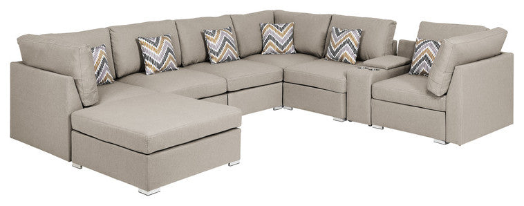 Amira Beige Linen Fabric Reversible Sectional Sofa with USB Storage Console