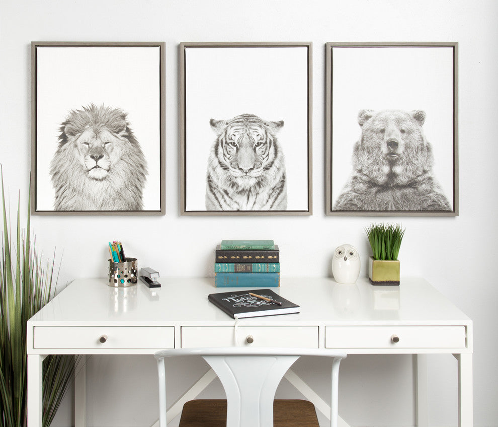 Sylvie Tiger Portrait Gray Framed Canvas Wall Art by Simon Te Tai