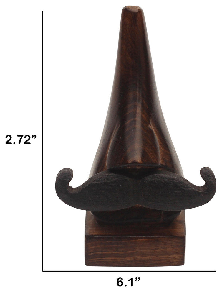 Hand Carved Wooden Nose Shaped Spectacle Holder With Mustache, Brown