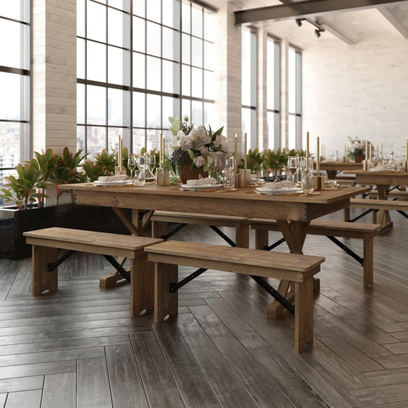 HERCULES 7' x 40" Rectangular Solid Pine Farm Table with X Legs, Antique Rustic