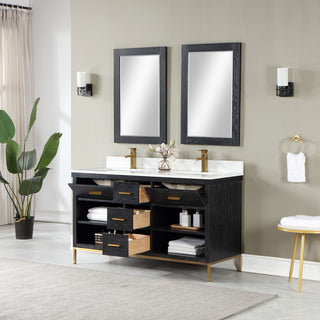 Kesia Black Oak Bathroom Vanity Set, 60", With Mirror
