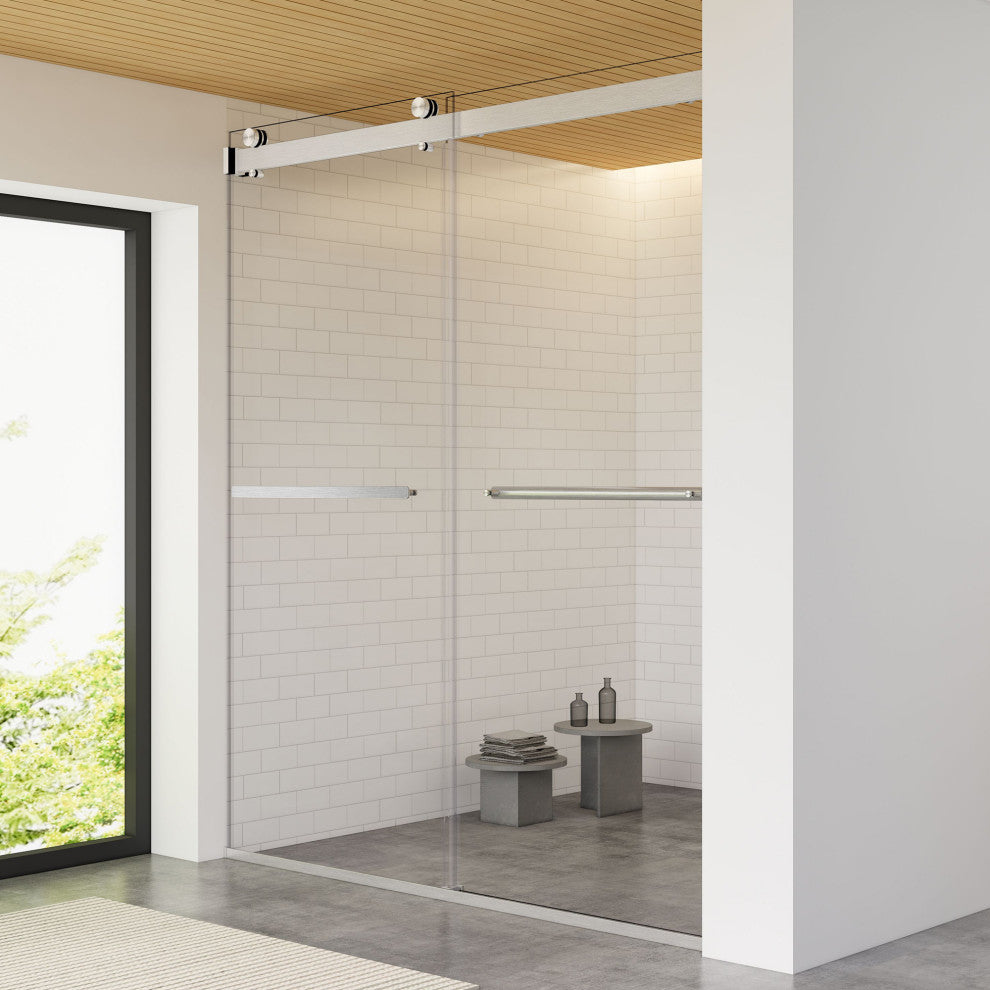 Marcelo By Pass Frameless Shower Door, Clear Glass, Brushed Nickel, 64"wx76"h
