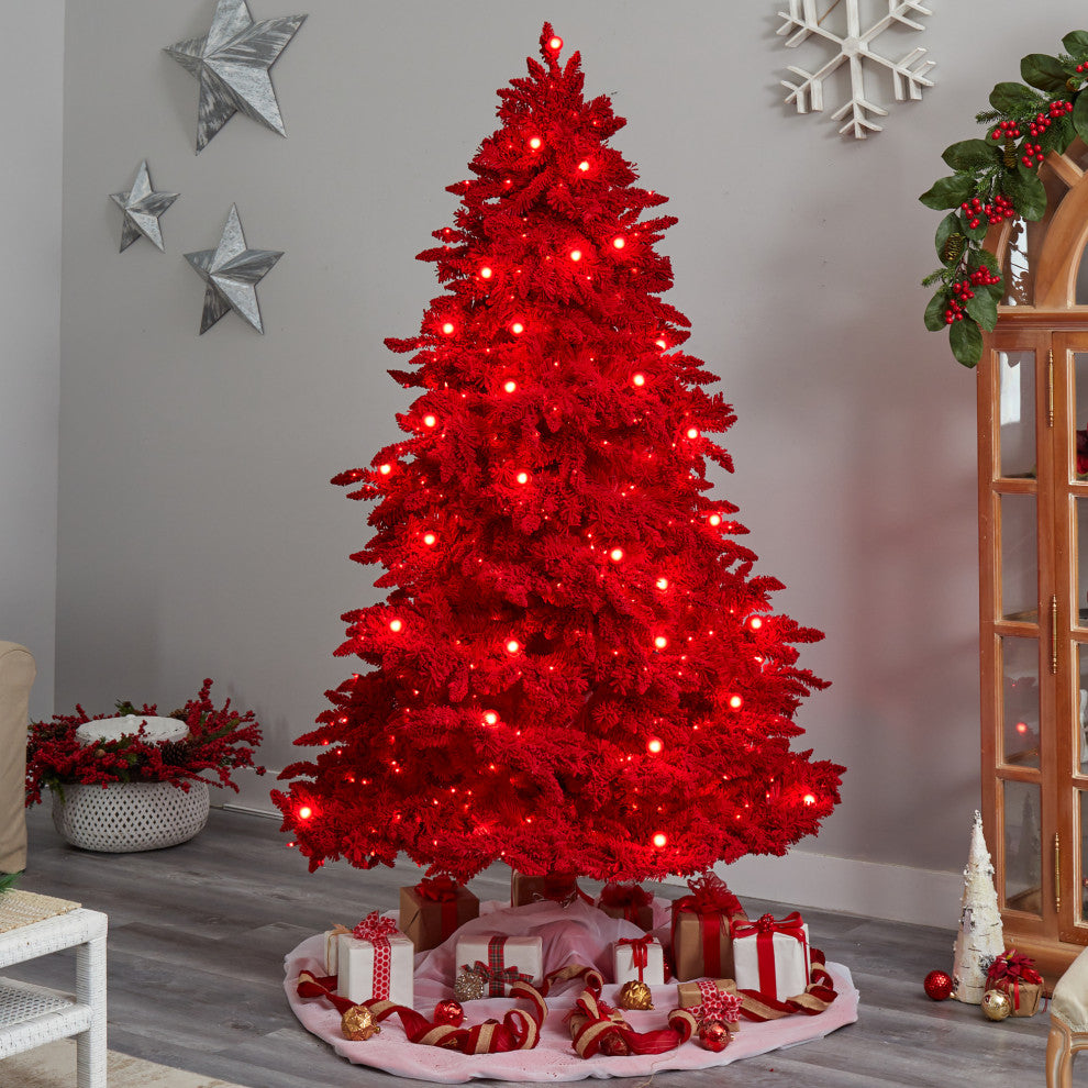 T3511 8' Red Flocked Fraser Fir Artificial Christmas Tree With 700 Red Lights