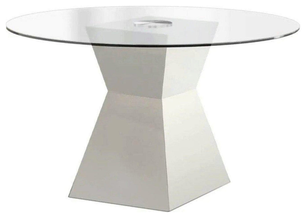 Benzara BM208997 Round Glass Dining Table With Square Pedestal Base, White
