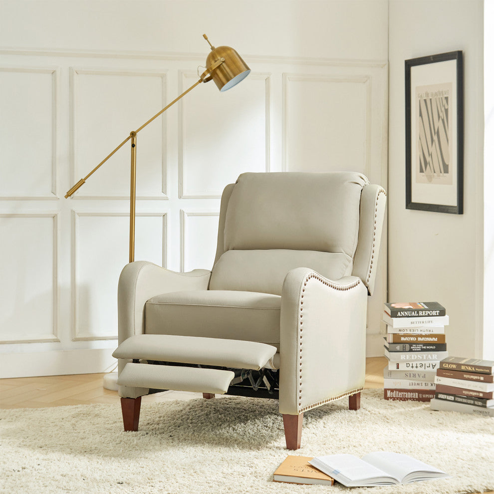 Genuine Leather  Push back Recliner With Wingback, Beige