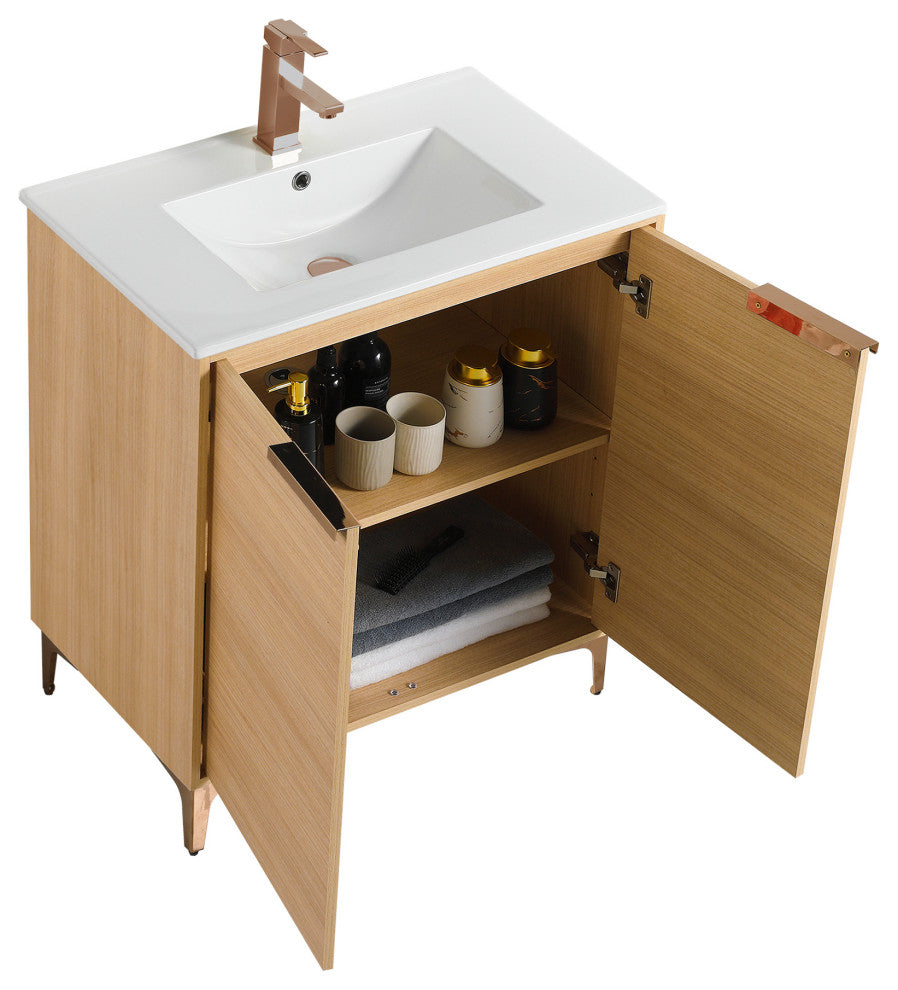 Wilmington Bath Vanity, Natural Oak, 30 Inch, Rose Gold Hardware