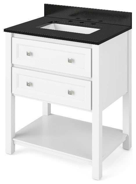 Adler Transitional 30" White Vanity, Black Granite Vanity Top