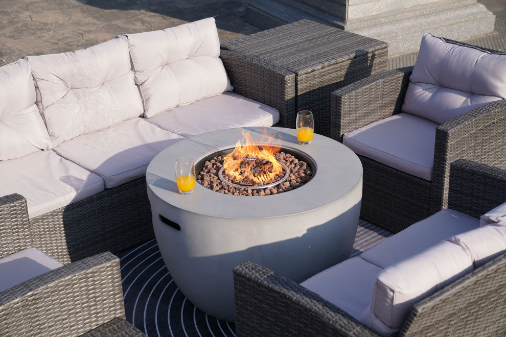 7-Piece Outdoor Rattan Conversation Sofa Set with Fire Pit Table, Brown, Greybowl