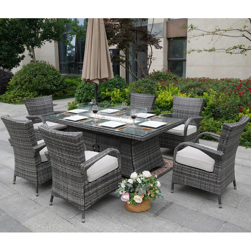 7-Piece Outdoor Wicker Patio Dining Set with 6 Armchairs, Gray