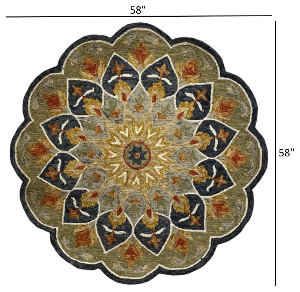 5" Round Charcoal Floral Medallion Area Rug