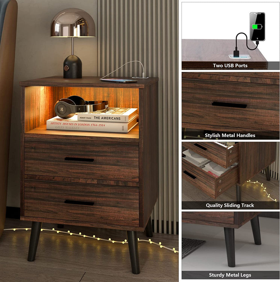 Nightstand Set of 2 with Charging Station, LED Nightstands with Open Shelf, Rust