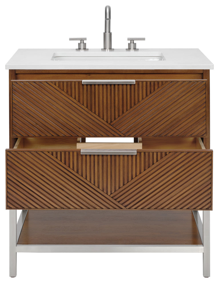 Diamond 30" Bath Vanity, Walnut/Brushed Nickel, 30", White Quartz Top