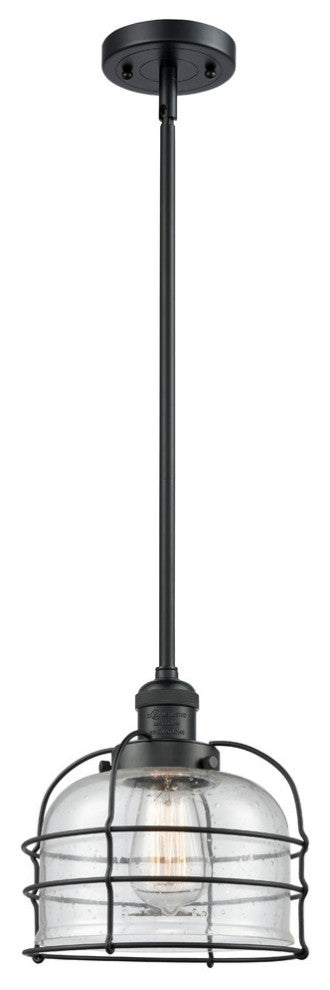 1-Light Large Bell Cage 8" Pendant, Matte Black, Glass: Seedy