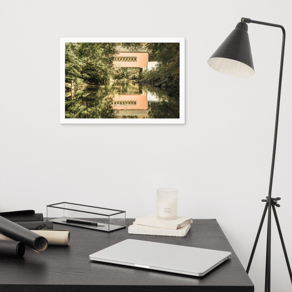 The Reflections of Wooddale Covered Bridge Aged Framed Photo Wall Art Print, White, 12" X 18"