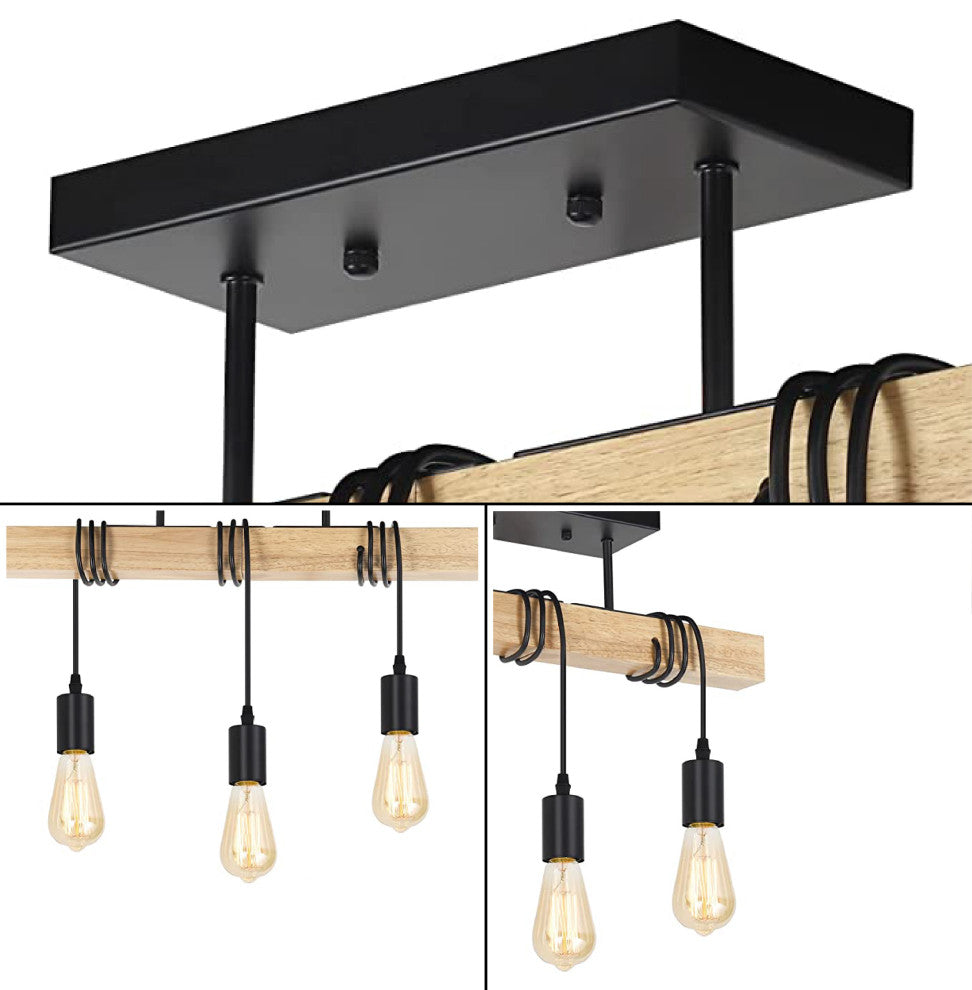 3-Light wood ceiling light Black rustic kitchen light fixtures farmhouse light