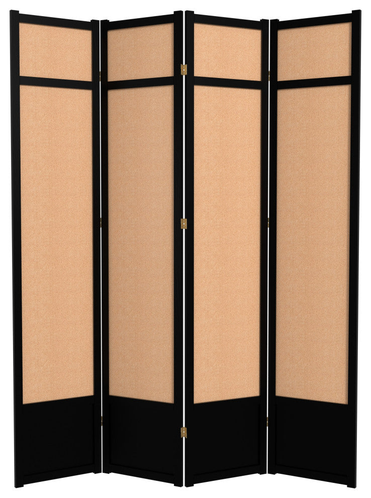 7' Tall Jute Shoji Screen, 4 Panel, Black