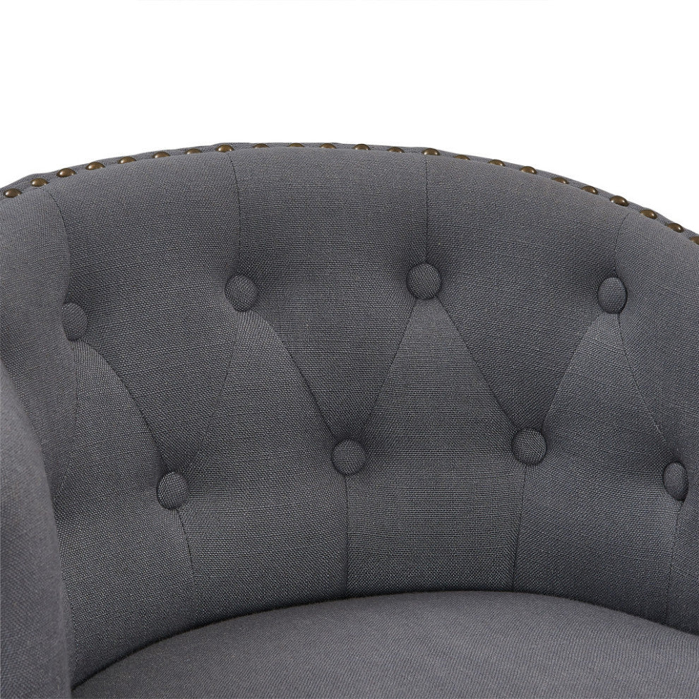 30" Gray Tufted Fabric and Dark Espresso Wood Swivel Bar Stool