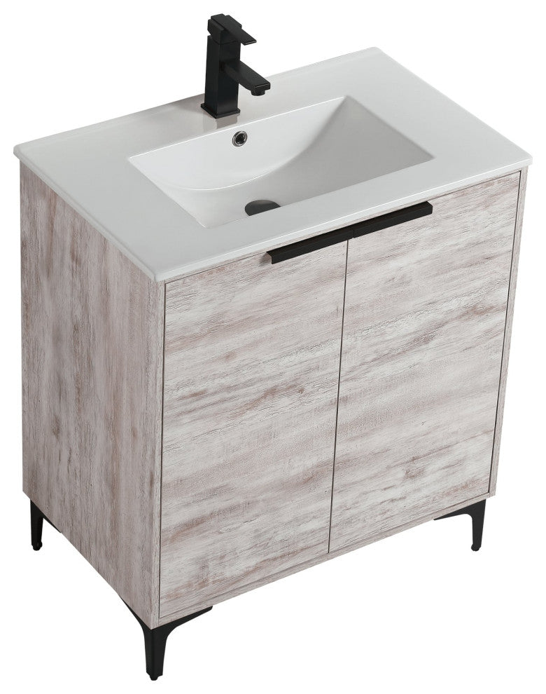 Wilmington Bath Vanity, Rustic White, 30 Inch, Black Hardware