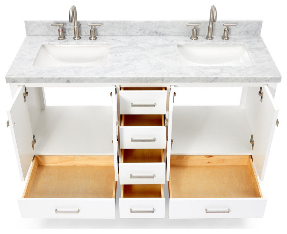 ARIEL Cambridge 61" Double Rectangle Sink Bathroom Vanity White With Marble Top