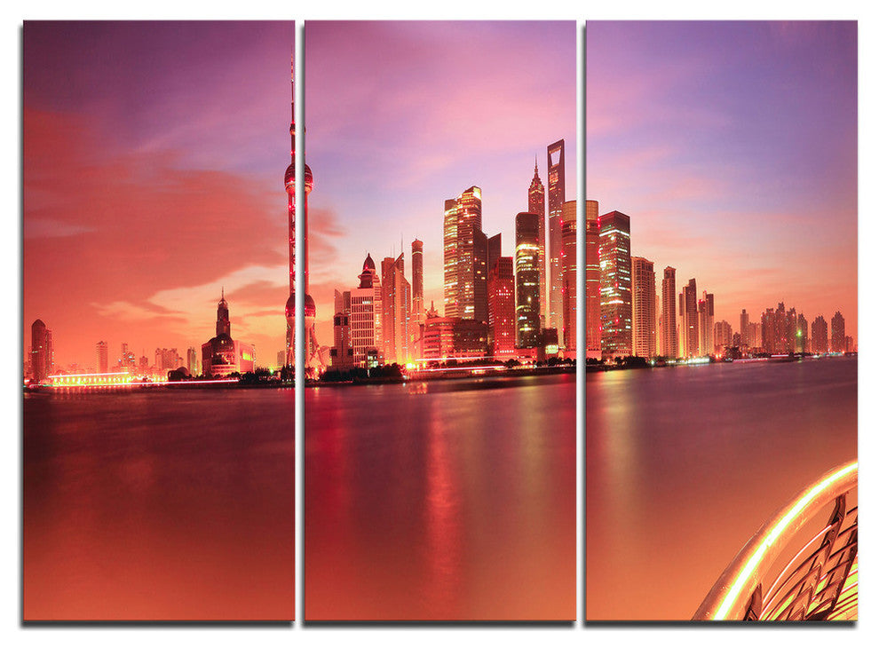 "Shanghai Skyline at Dawn Panorama" Metal Wall Art, 3 Panels, 36"x28"