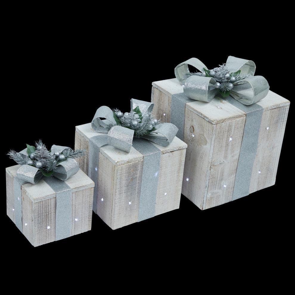 3-Piece Wooden Gift Box Christmas Decor with LED Lights, Silver