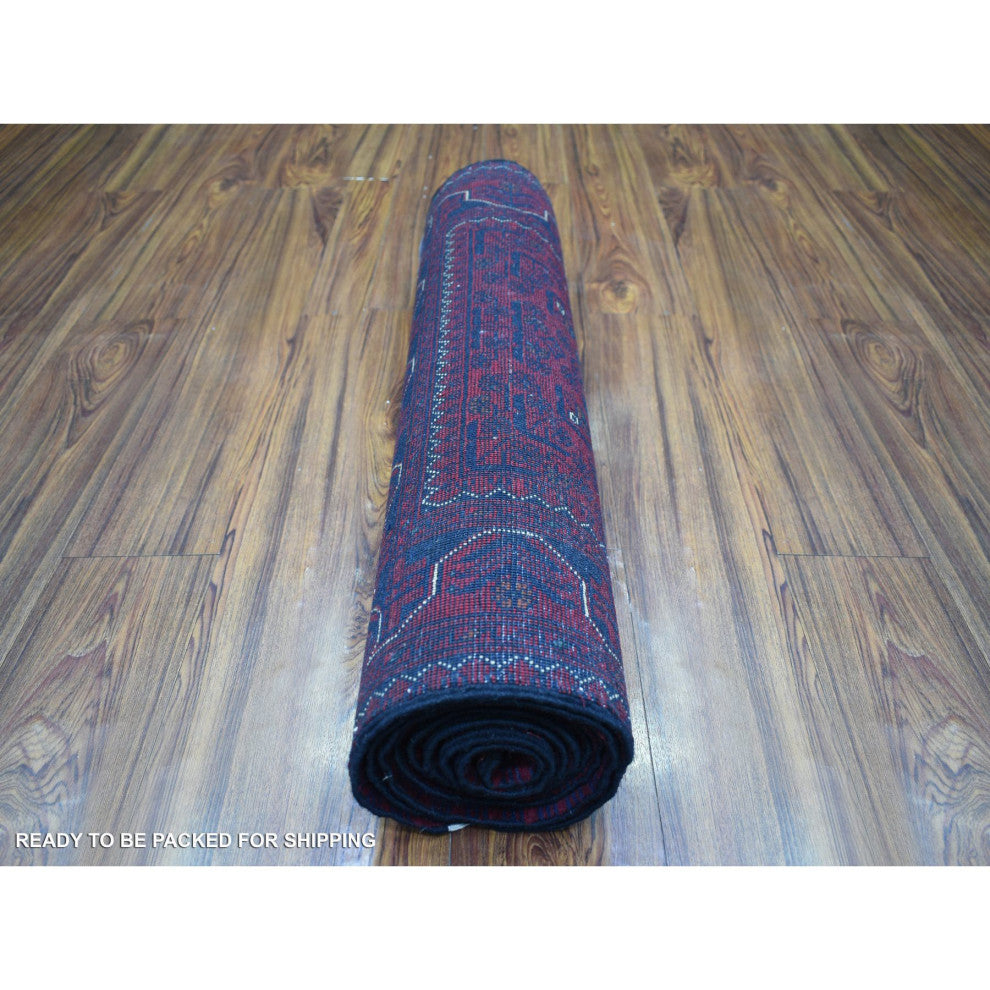 Red Geometric Design Hand Knotted Afghan Khamyab Pure Wool Runner Rug, 2'8"x9'6"